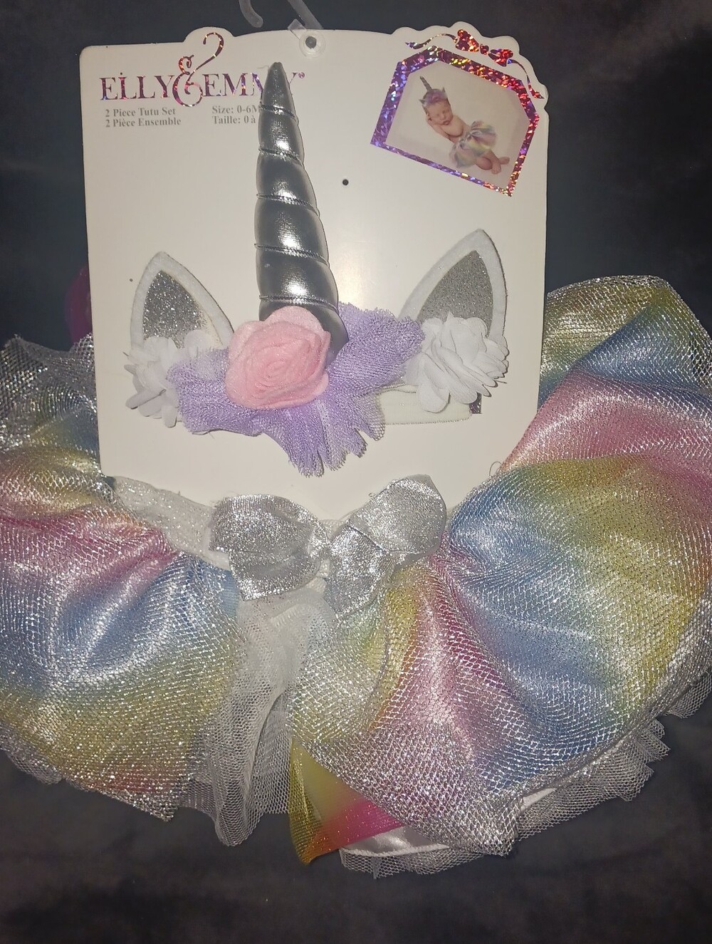 Elly & Emma Silver Unicorn Headband with Pastel Rainbow Tutu